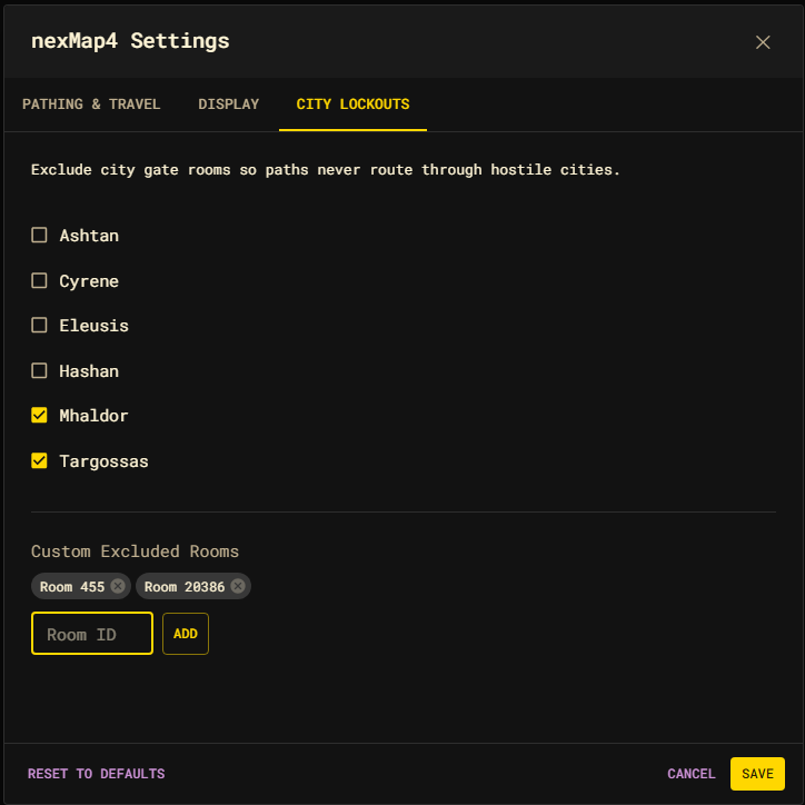 The nexMap4 City Lockouts tab