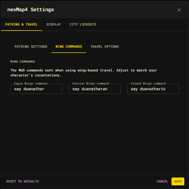 The Pathing &amp; Travel Commands sub-tab