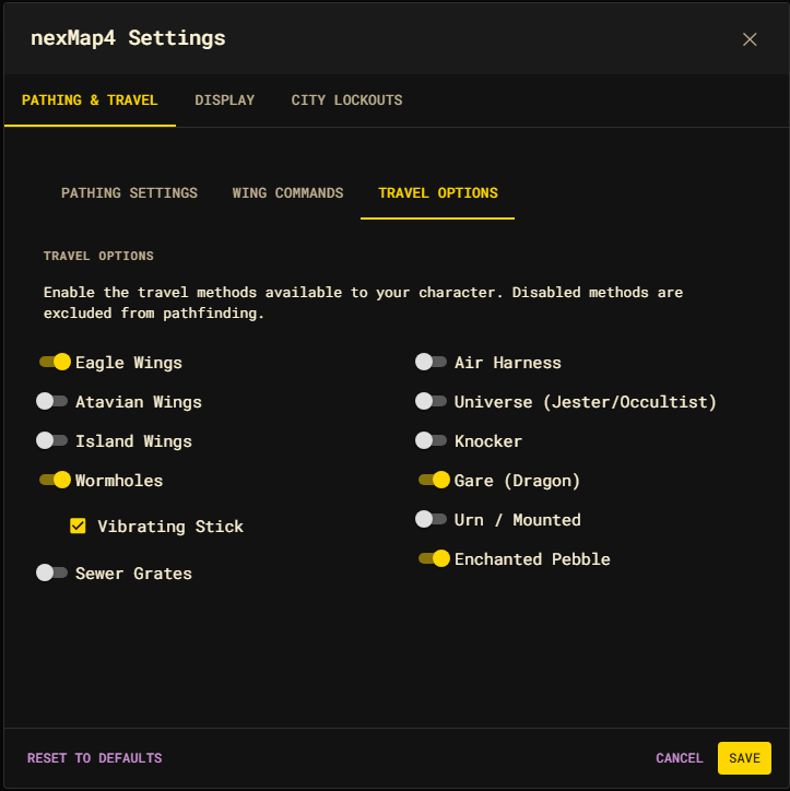 The Pathing &amp; Travel Options sub-tab