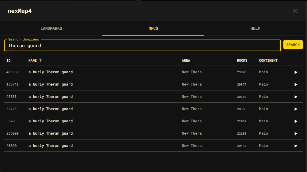 The nexMap4 NPC explorer panel