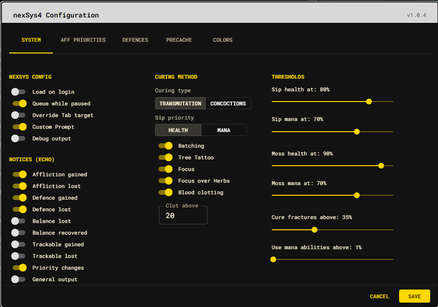 The nexSys4 System configuration tab