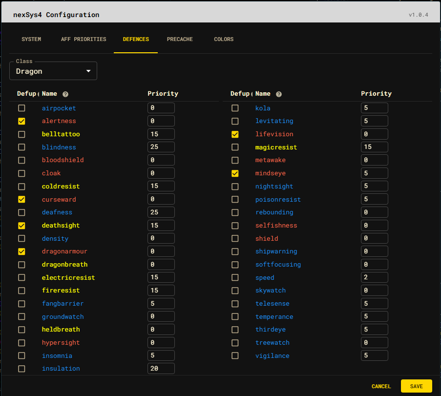 The nexSys4 Defences configuration tab