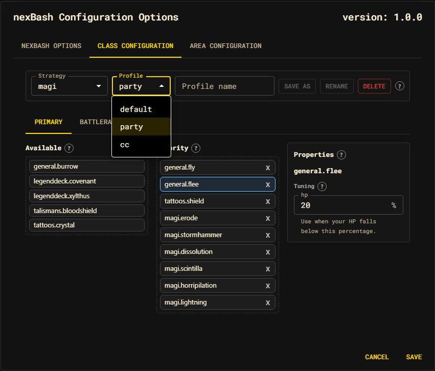 The nexBash4 Class Configuration tab