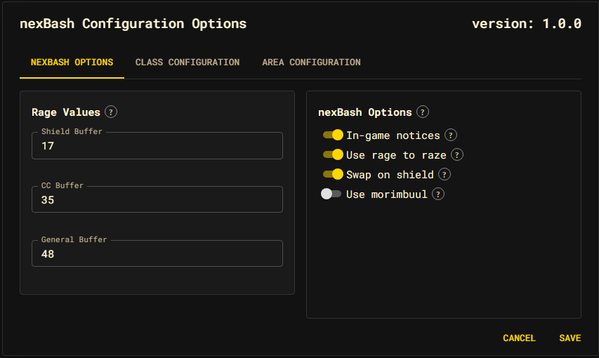The nexBash4 Options configuration tab