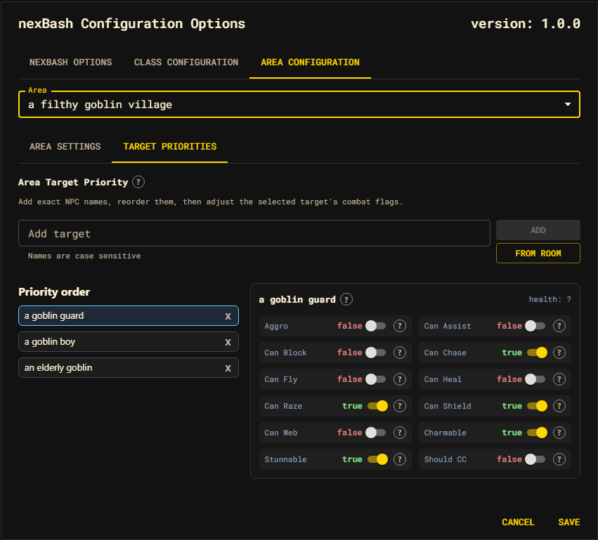 The nexBash4 Target Priorities sub-tab