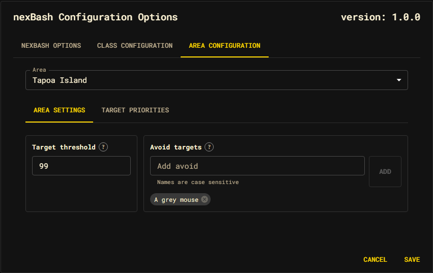 The nexBash4 Area Settings sub-tab