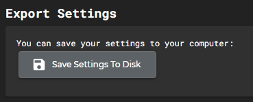 The Nexus Import/Export menu with the Save Settings to Disk button highlighted